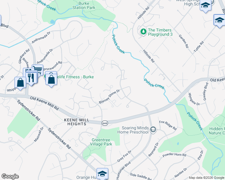 map of restaurants, bars, coffee shops, grocery stores, and more near 6438 Old Scotts Court in Springfield