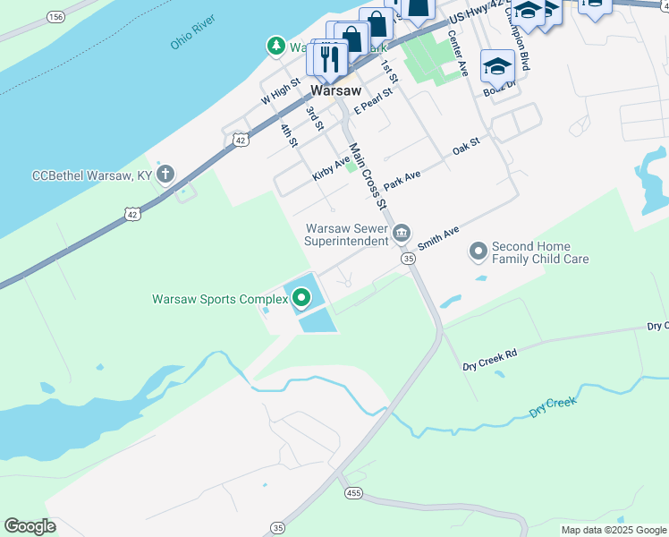 map of restaurants, bars, coffee shops, grocery stores, and more near 1216 Meadowcreek Lane in Warsaw