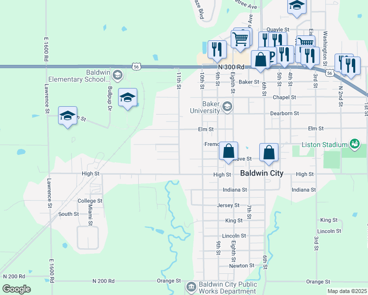 map of restaurants, bars, coffee shops, grocery stores, and more near 602 11th St in Baldwin City
