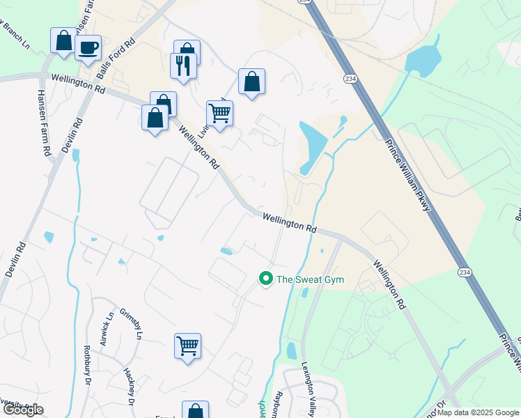 map of restaurants, bars, coffee shops, grocery stores, and more near 7283 Wellington Road in Manassas