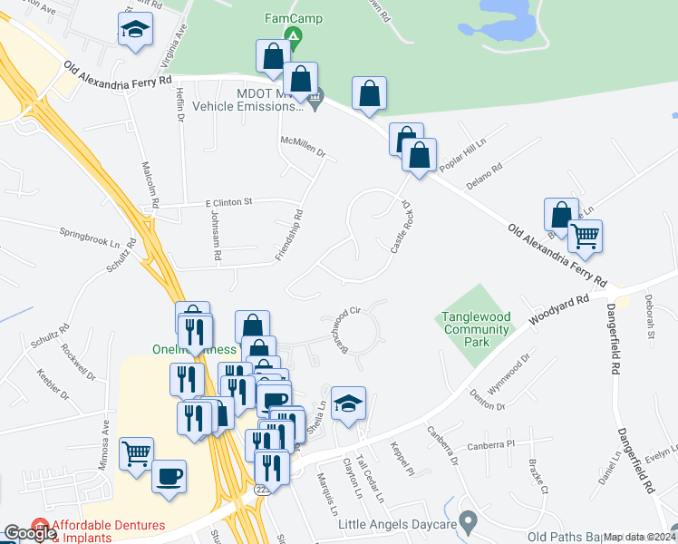 map of restaurants, bars, coffee shops, grocery stores, and more near 7406 Castle Rock Drive in Clinton