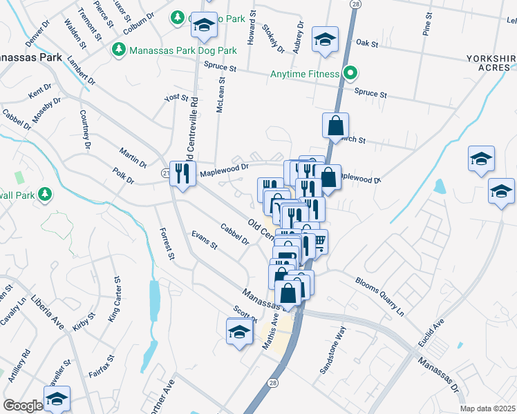 map of restaurants, bars, coffee shops, grocery stores, and more near 8275 Vermont Place in Manassas