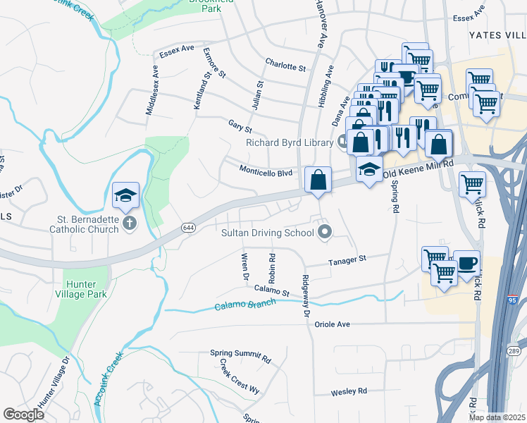 map of restaurants, bars, coffee shops, grocery stores, and more near 6536 Milva Lane in Springfield