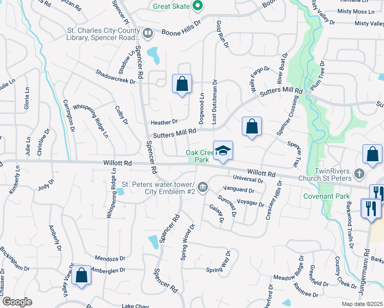 map of restaurants, bars, coffee shops, grocery stores, and more near 9 Wisteria Way in St. Peters