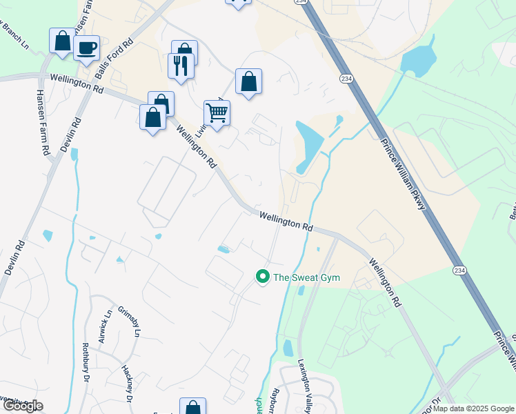 map of restaurants, bars, coffee shops, grocery stores, and more near 7283 Wellington Road in Manassas