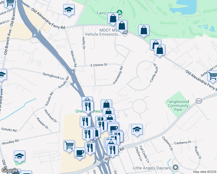 map of restaurants, bars, coffee shops, grocery stores, and more near 7013 Friendship Road in Clinton