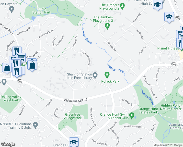 map of restaurants, bars, coffee shops, grocery stores, and more near 6401 Blarney Stone Court in Springfield