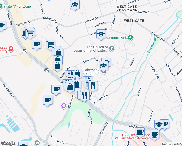 map of restaurants, bars, coffee shops, grocery stores, and more near 8248 Community Drive in Manassas
