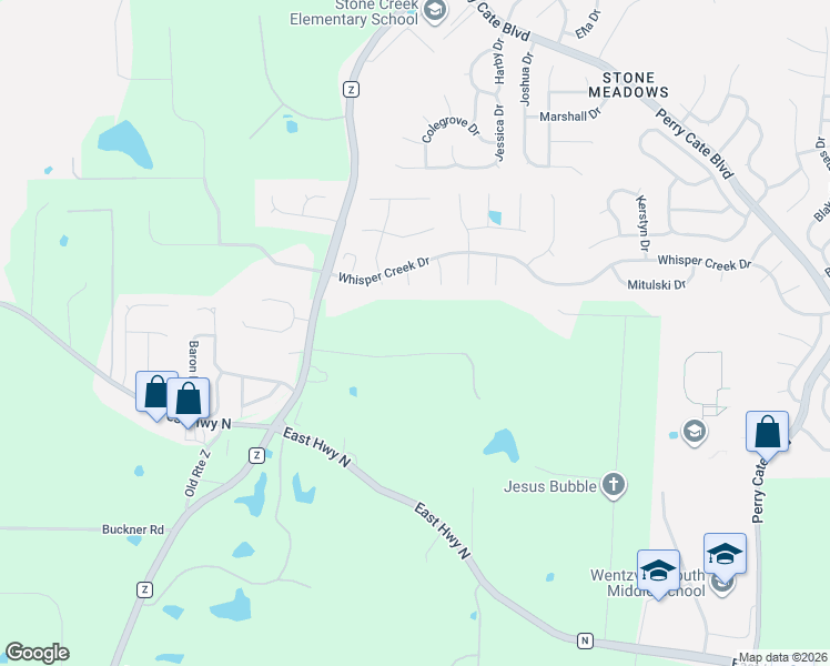 map of restaurants, bars, coffee shops, grocery stores, and more near 99 Green Meadows Drive in Wentzville