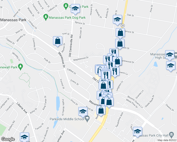 map of restaurants, bars, coffee shops, grocery stores, and more near 8262 Vermont Place in Manassas