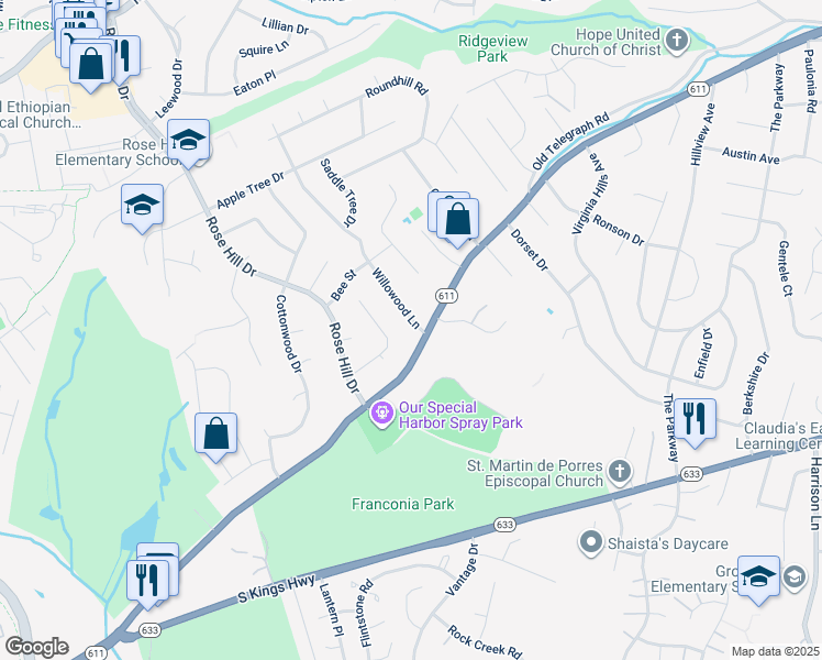 map of restaurants, bars, coffee shops, grocery stores, and more near 6420 Willowood Lane in Alexandria