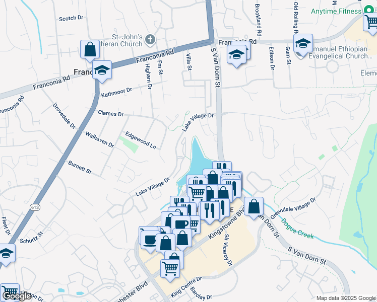 map of restaurants, bars, coffee shops, grocery stores, and more near 6535 Grange Lane in Alexandria