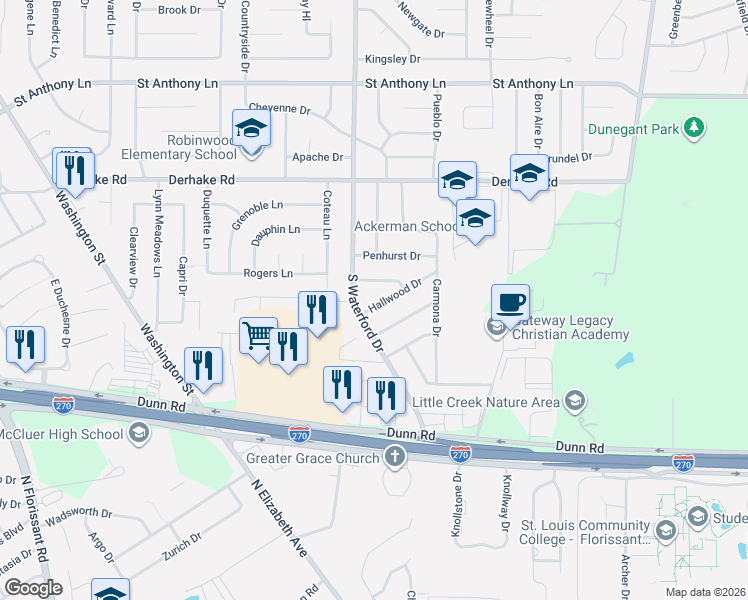 map of restaurants, bars, coffee shops, grocery stores, and more near 1080 Hallwood Drive in Florissant