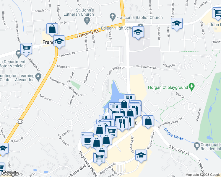 map of restaurants, bars, coffee shops, grocery stores, and more near 6535 Grange Lane in Alexandria