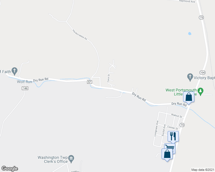 map of restaurants, bars, coffee shops, grocery stores, and more near 690 Dry Run Road in West Portsmouth