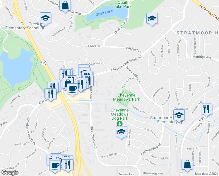 map of restaurants, bars, coffee shops, grocery stores, and more near 1014 Cheyenne Villas Point in Colorado Springs
