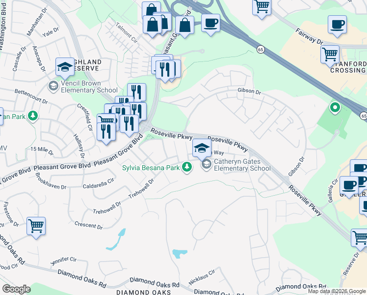 map of restaurants, bars, coffee shops, grocery stores, and more near 43 Treecrest Court in Roseville