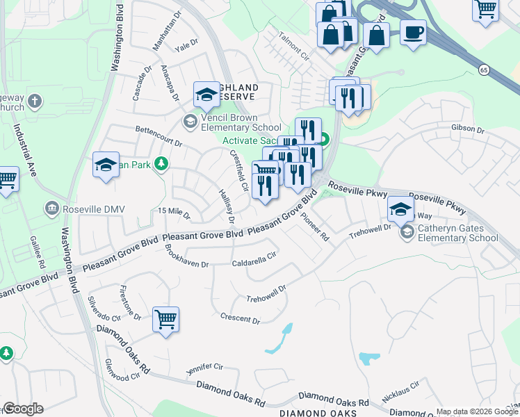 map of restaurants, bars, coffee shops, grocery stores, and more near 1090 Pleasant Grove Boulevard in Roseville