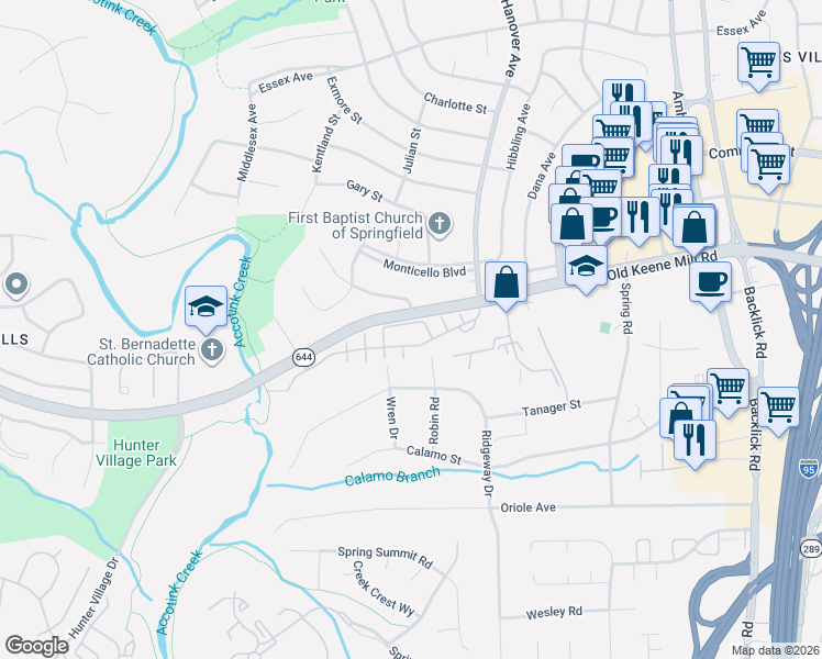 map of restaurants, bars, coffee shops, grocery stores, and more near 6524 Milva Lane in Springfield