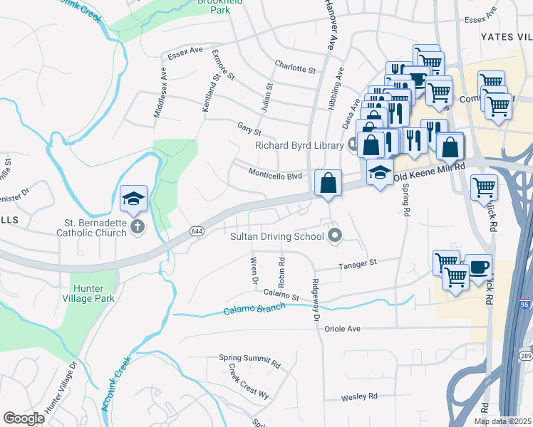 map of restaurants, bars, coffee shops, grocery stores, and more near 6524 Milva Lane in Springfield