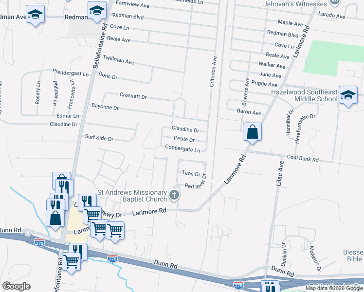 map of restaurants, bars, coffee shops, grocery stores, and more near 1328 Coppergate Lane in St. Louis