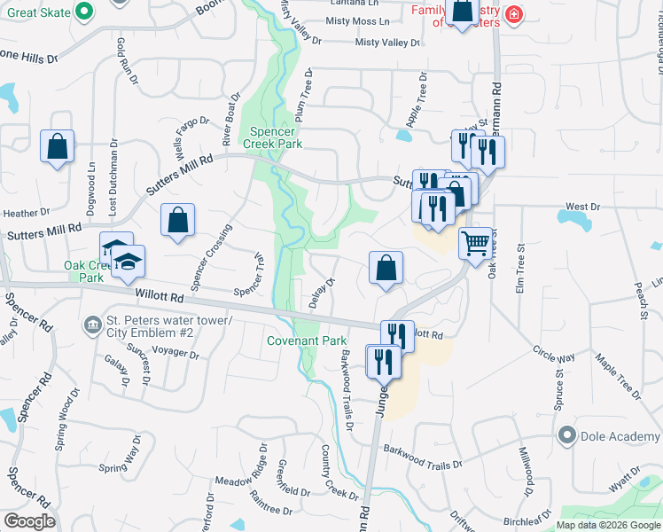 map of restaurants, bars, coffee shops, grocery stores, and more near 799 Delray Drive in St. Peters