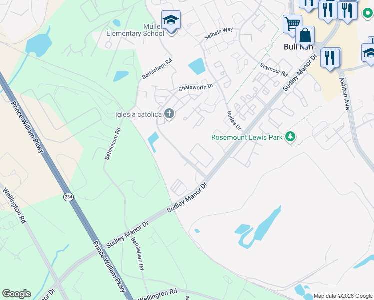 map of restaurants, bars, coffee shops, grocery stores, and more near 11121 Wortham Crest Circle in Manassas