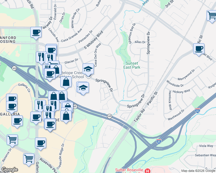 map of restaurants, bars, coffee shops, grocery stores, and more near 2518 Tule Lane in Rocklin
