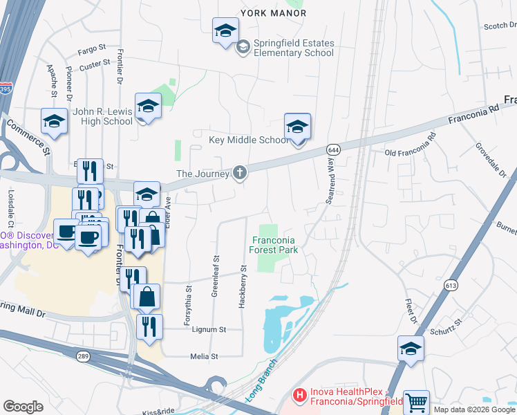 map of restaurants, bars, coffee shops, grocery stores, and more near 6400 Greenleaf Street in Springfield