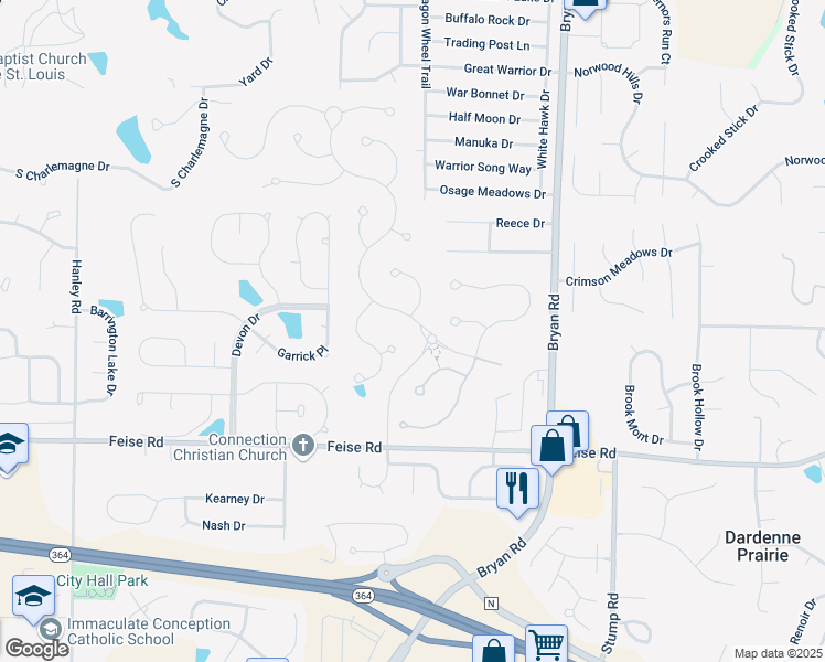 map of restaurants, bars, coffee shops, grocery stores, and more near 100 Royal Inverness Parkway in Dardenne Prairie