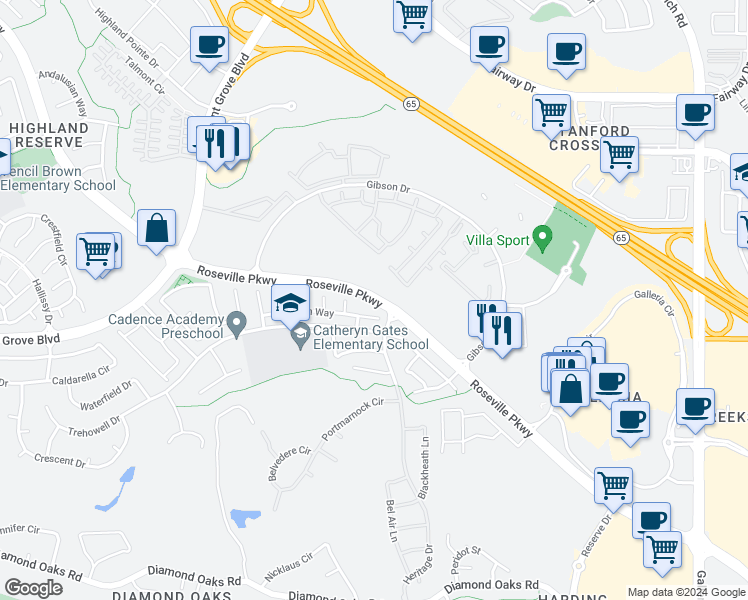 map of restaurants, bars, coffee shops, grocery stores, and more near Roseville Parkway in Roseville