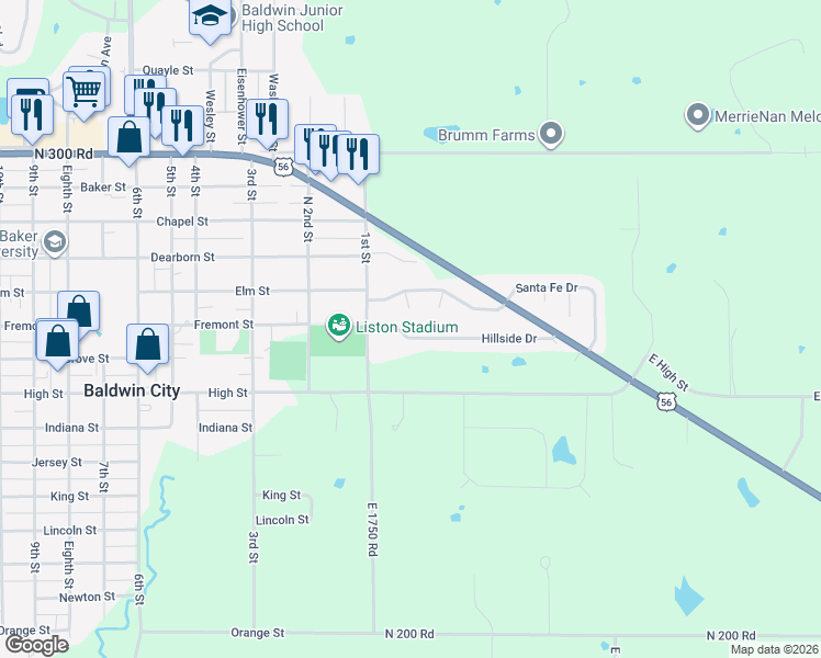 map of restaurants, bars, coffee shops, grocery stores, and more near 110 Hillside Drive in Baldwin City