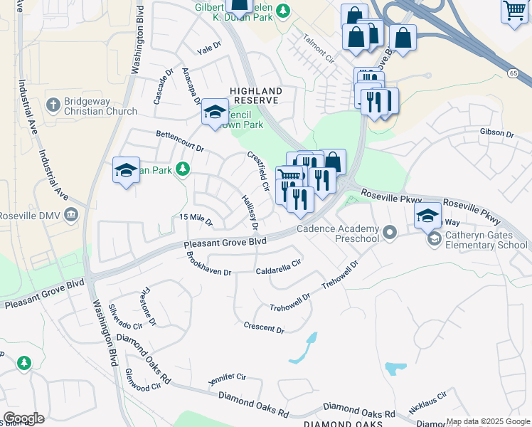 map of restaurants, bars, coffee shops, grocery stores, and more near 417 Crestfield Circle in Roseville
