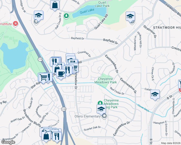 map of restaurants, bars, coffee shops, grocery stores, and more near 3690 Strawberry Field Grove in Colorado Springs