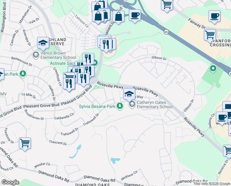 map of restaurants, bars, coffee shops, grocery stores, and more near 43 Treecrest Court in Roseville