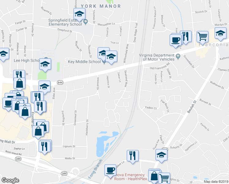 map of restaurants, bars, coffee shops, grocery stores, and more near 6356 Demme Place in Springfield