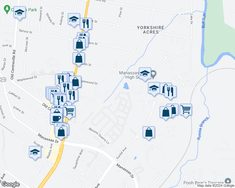 map of restaurants, bars, coffee shops, grocery stores, and more near 8216 Frog Hollow Court in Manassas