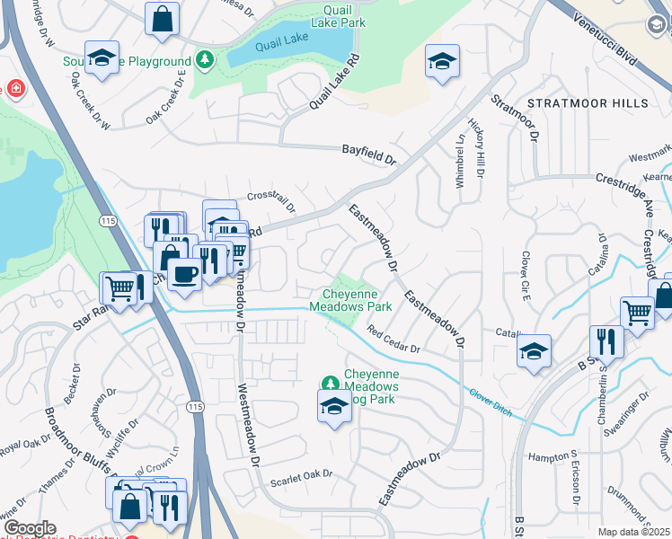 map of restaurants, bars, coffee shops, grocery stores, and more near 3750 Strawberry Field Grove in Colorado Springs
