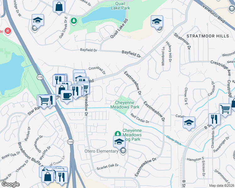 map of restaurants, bars, coffee shops, grocery stores, and more near 3750 Strawberry Field Grove in Colorado Springs