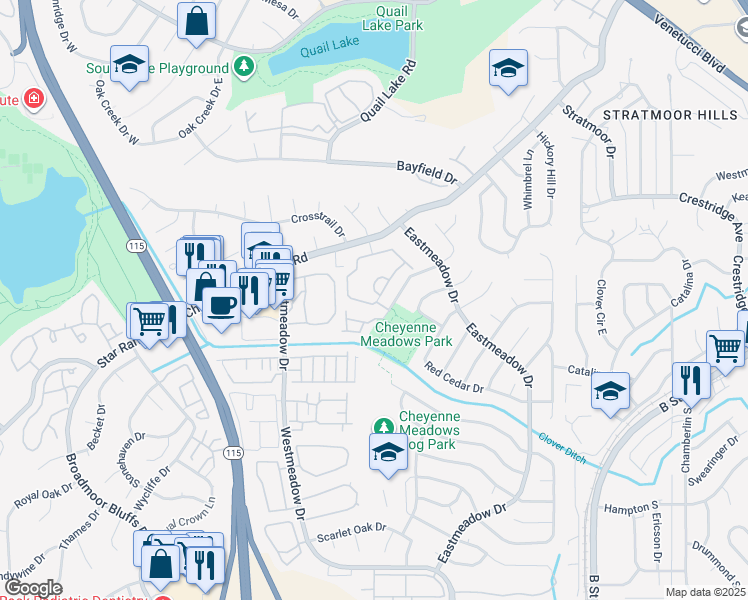 map of restaurants, bars, coffee shops, grocery stores, and more near 3750 Strawberry Field Grove in Colorado Springs