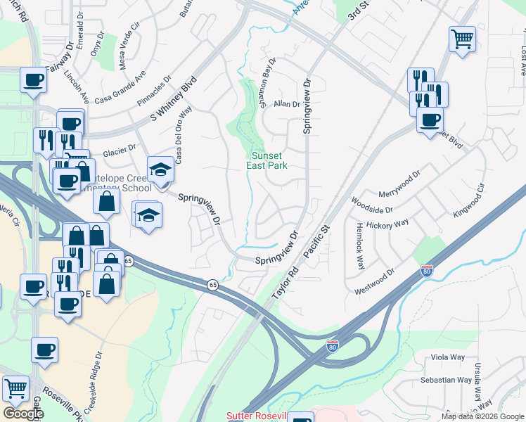 map of restaurants, bars, coffee shops, grocery stores, and more near 2926 Twin Creeks Lane in Rocklin