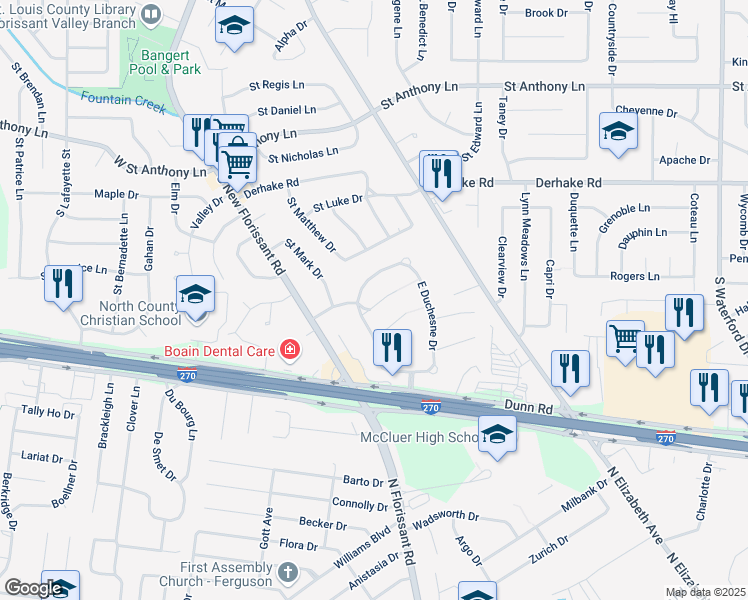 map of restaurants, bars, coffee shops, grocery stores, and more near 16 Saint Margaret Court in Florissant