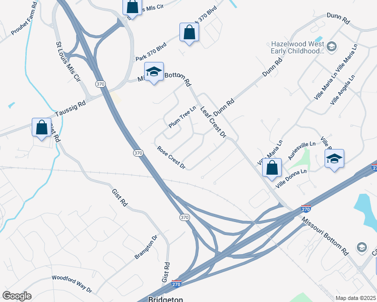 map of restaurants, bars, coffee shops, grocery stores, and more near 4816 Rose Blossom Lane in Hazelwood