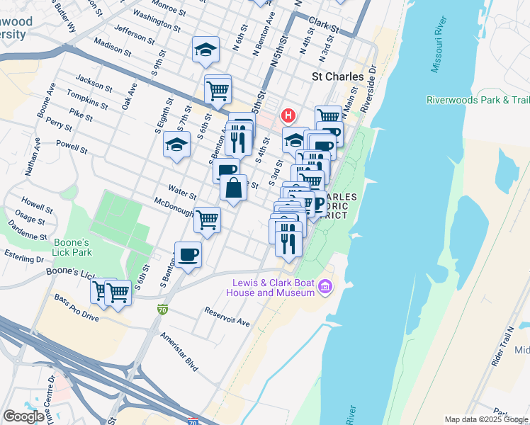 map of restaurants, bars, coffee shops, grocery stores, and more near 300 Water Street in Saint Charles