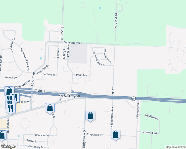 map of restaurants, bars, coffee shops, grocery stores, and more near 1196 Pebblecreek Drive in Warrensburg