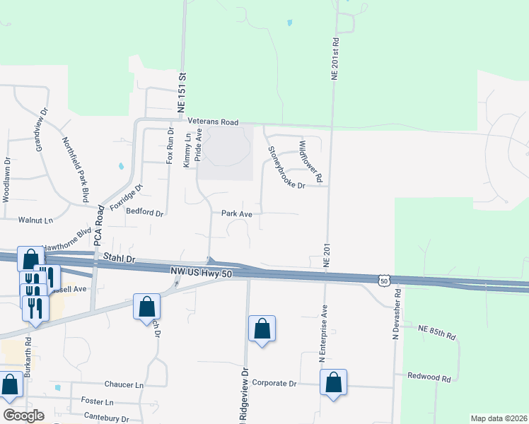 map of restaurants, bars, coffee shops, grocery stores, and more near 1196 Pebblecreek Drive in Warrensburg