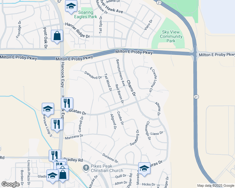 map of restaurants, bars, coffee shops, grocery stores, and more near 3740 Red Baron Drive in Colorado Springs