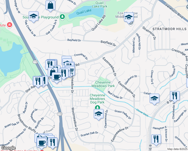 map of restaurants, bars, coffee shops, grocery stores, and more near 3735 Strawberry Field Grove in Colorado Springs