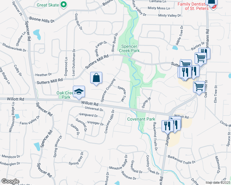 map of restaurants, bars, coffee shops, grocery stores, and more near 30 Last Chance Court in St. Peters