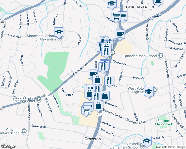 map of restaurants, bars, coffee shops, grocery stores, and more near 3003 Franklin Street in Alexandria